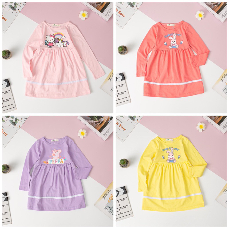 Váy cotton dài tay cho bé gái 2-12y . Chất cotton mềm mịn, thấm hút mồ hôi, co giãn tốt