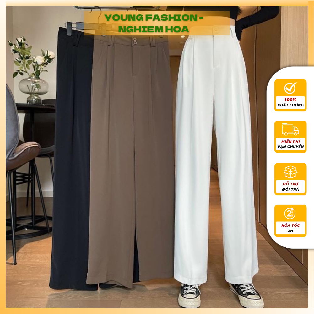 Quần Tây Hàn Quốc Thiết Kế Ống Rộng Nữ Cạp lưng cao 2 khuy, Quần Ống Suông Nữ Culottes Cạp siêu Cao khóa trước Hack Dáng