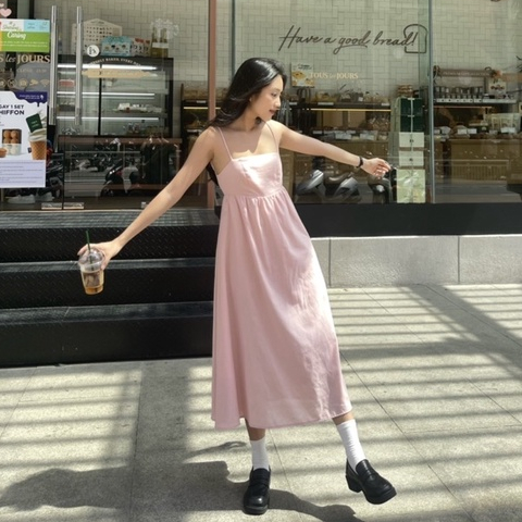 Đầm Váy 2 Dây Linen Nữ OLARI Phía Sau Lưng Thun OL49