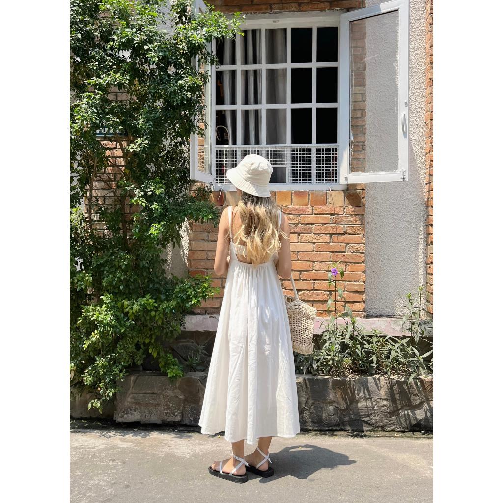 Đầm Váy 2 Dây Linen Nữ OLARI Phía Sau Lưng Thun OL49