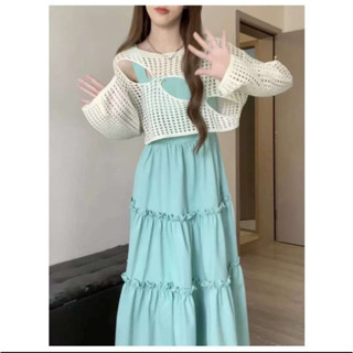 {Quangchau}Sét Váy hai dây kèm áo cardigan, Set Váy bèo tầng đi biển, phong cách Hàn Quốc - Linh shop