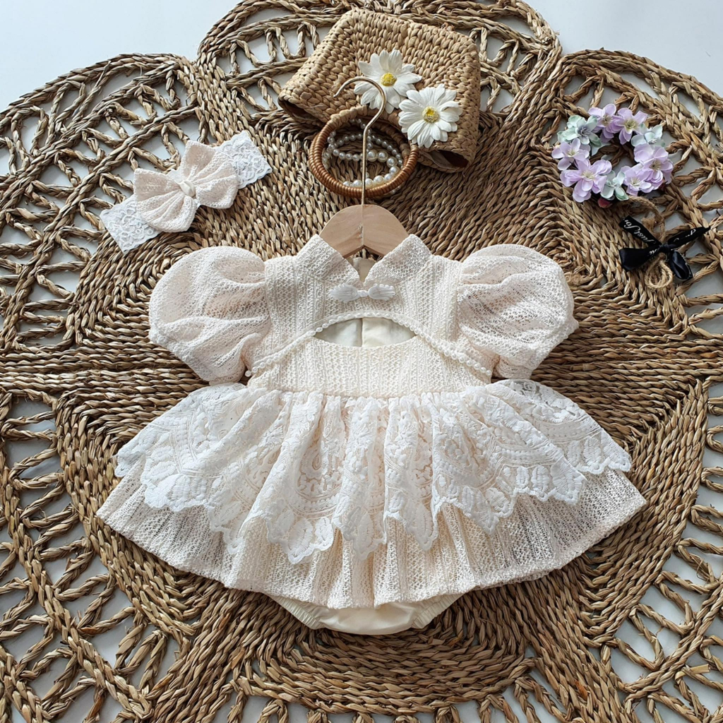 Body cổ tàu ren vân gỗ kèm tuban 3-12 kg,body cho bé gái đầy tháng thôi nôi chất mềm mịn