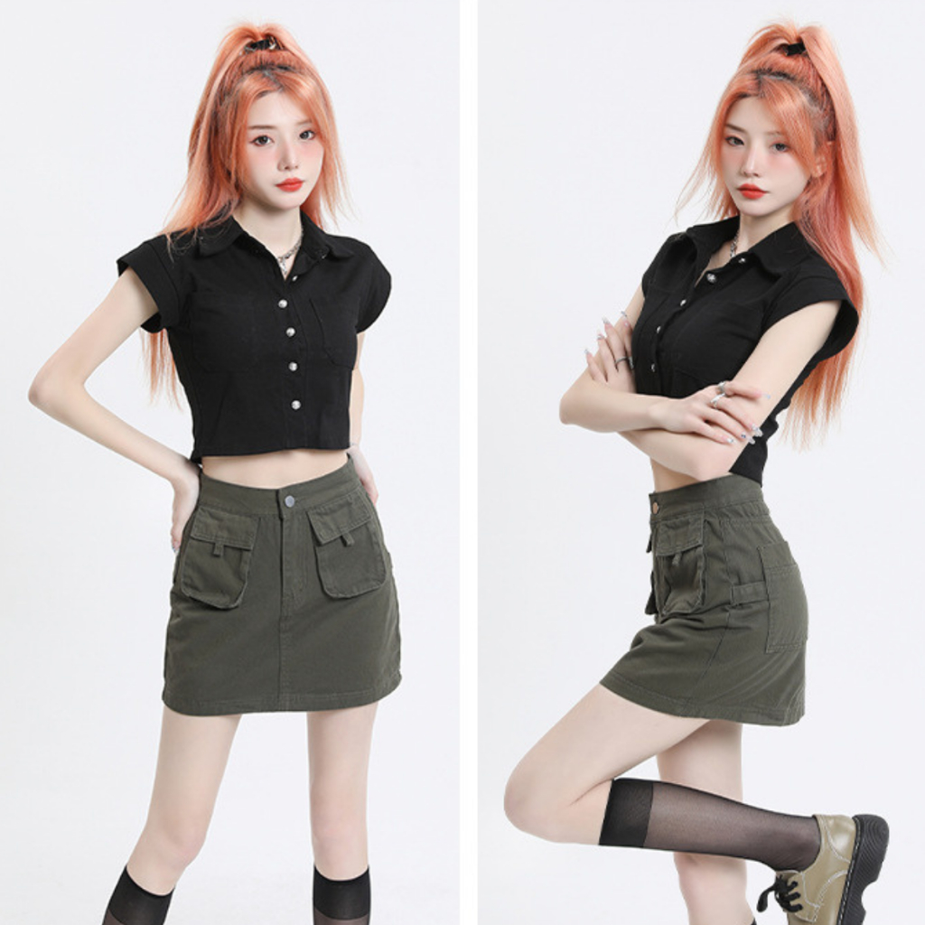 Chân Váy KAKI Phối TÚI HỘP Cao Cấp Dáng Ngắn Lưng Cao Chất KAKI Chân Váy Tenis Chữ A Công Sở Đen Be Rêu 88-HQ