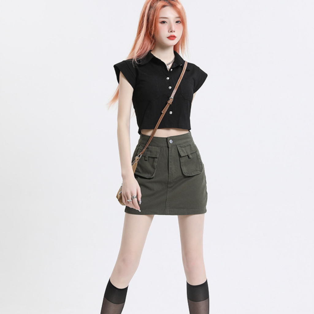 Chân Váy KAKI Phối TÚI HỘP Cao Cấp Dáng Ngắn Lưng Cao Chất KAKI Chân Váy Tenis Chữ A Công Sở Đen Be Rêu 88-HQ