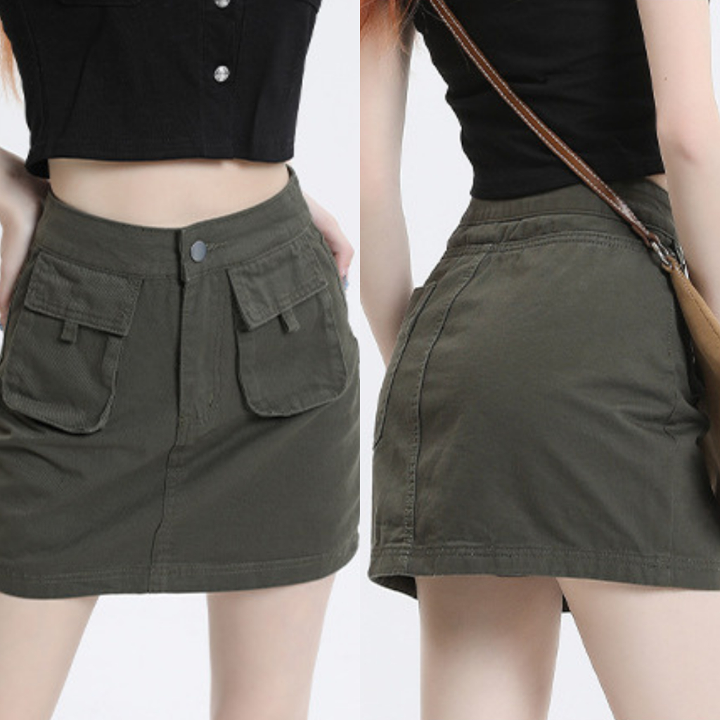 Chân Váy KAKI Phối TÚI HỘP Cao Cấp Dáng Ngắn Lưng Cao Chất KAKI Chân Váy Tenis Chữ A Công Sở Đen Be Rêu 88-HQ