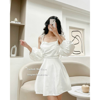 Đầm 2 dây trễ vai nhún ngực tay phồng dự tiệc váy trắng đám cưới