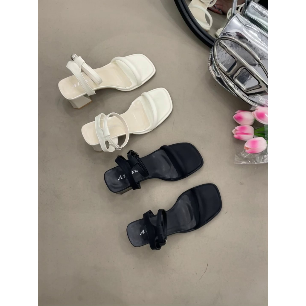 Sandal cao gót đế vuông 7P MIDUKA, Giày cao gót quai bán nguyệt chuẩn size 3 màu trắng, đen, nude mã TD71