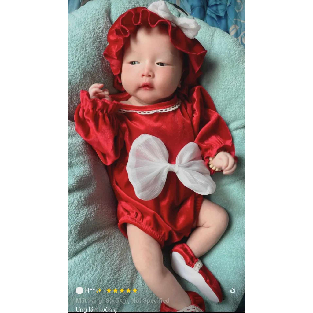 Body nhung đỏ nơ trước kèm mũ và tất 9-13 kg,Chất nhung mềm body cho bé gái sơ sinh đầy tháng thôi nôi