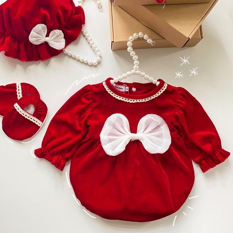 Body nhung đỏ nơ trước kèm mũ và tất 9-13 kg,Chất nhung mềm body cho bé gái sơ sinh đầy tháng thôi nôi