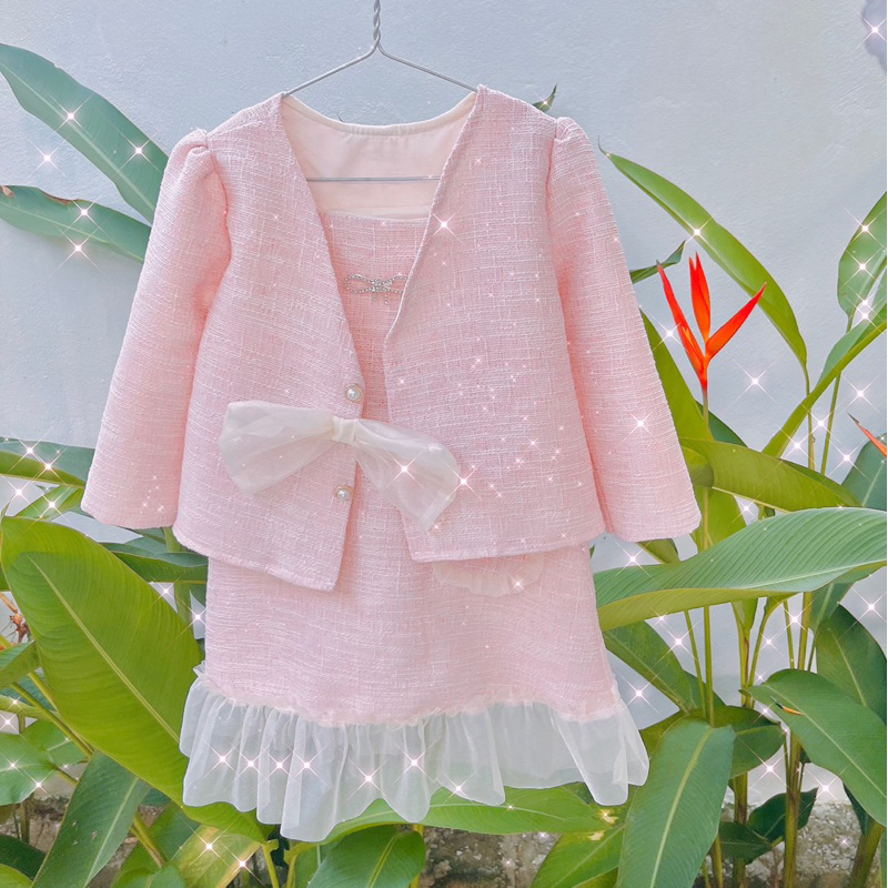 Set váy dạ hồng pastel ngọt ngào sang xịn chất liệu mềm mại cho bé gái 8-30kg