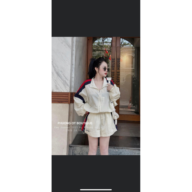 Sét Bộ Thể Thao Nữ Celine Áo Cổ Bẻ Khóa Kéo Mix Quần Sooc