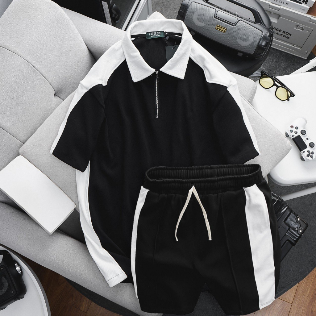 Set bộ quần áo polo viền dây kéo nửa, short nỉ sọc to thời trang bigsize nam cỡ đại 140kg