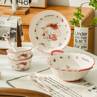 Bát ăn cơm, chén ăn cơm , bát trang trí bằng sứ hoạ tiết thỏ hoa hồng dễ thương, xinh xắn.