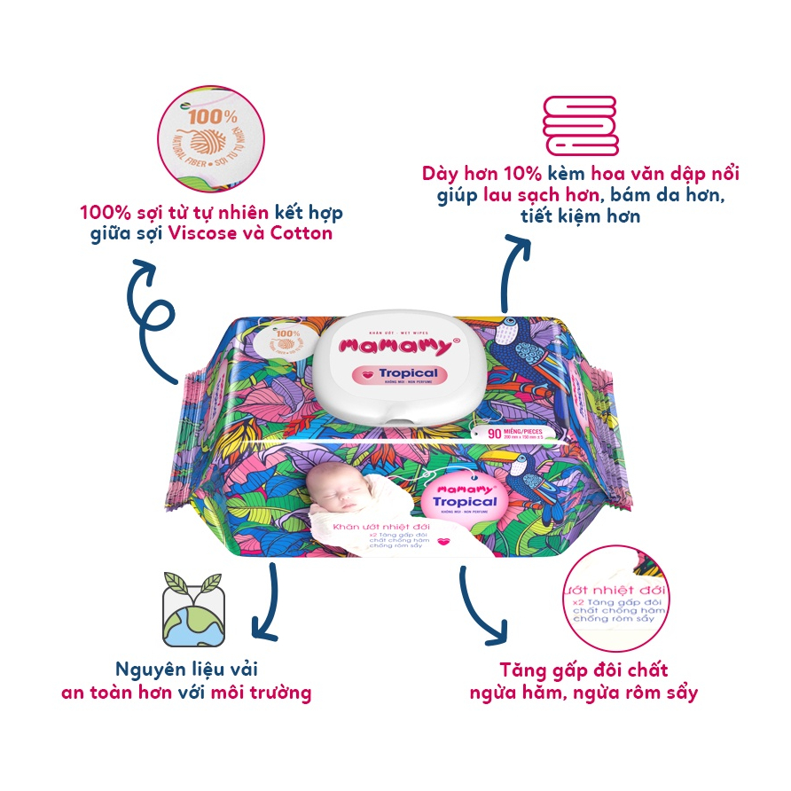 Khăn Ướt Mamamy tropical 90 tờ 100% sợi tự nhiên cho bé - Mini Home
