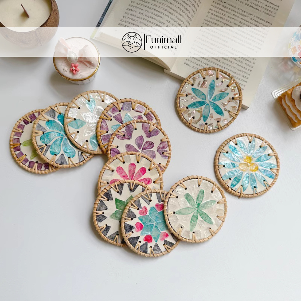 Lót ly khảm trai tròn Funimall viền mây 10cm dùng để decor, trang trí