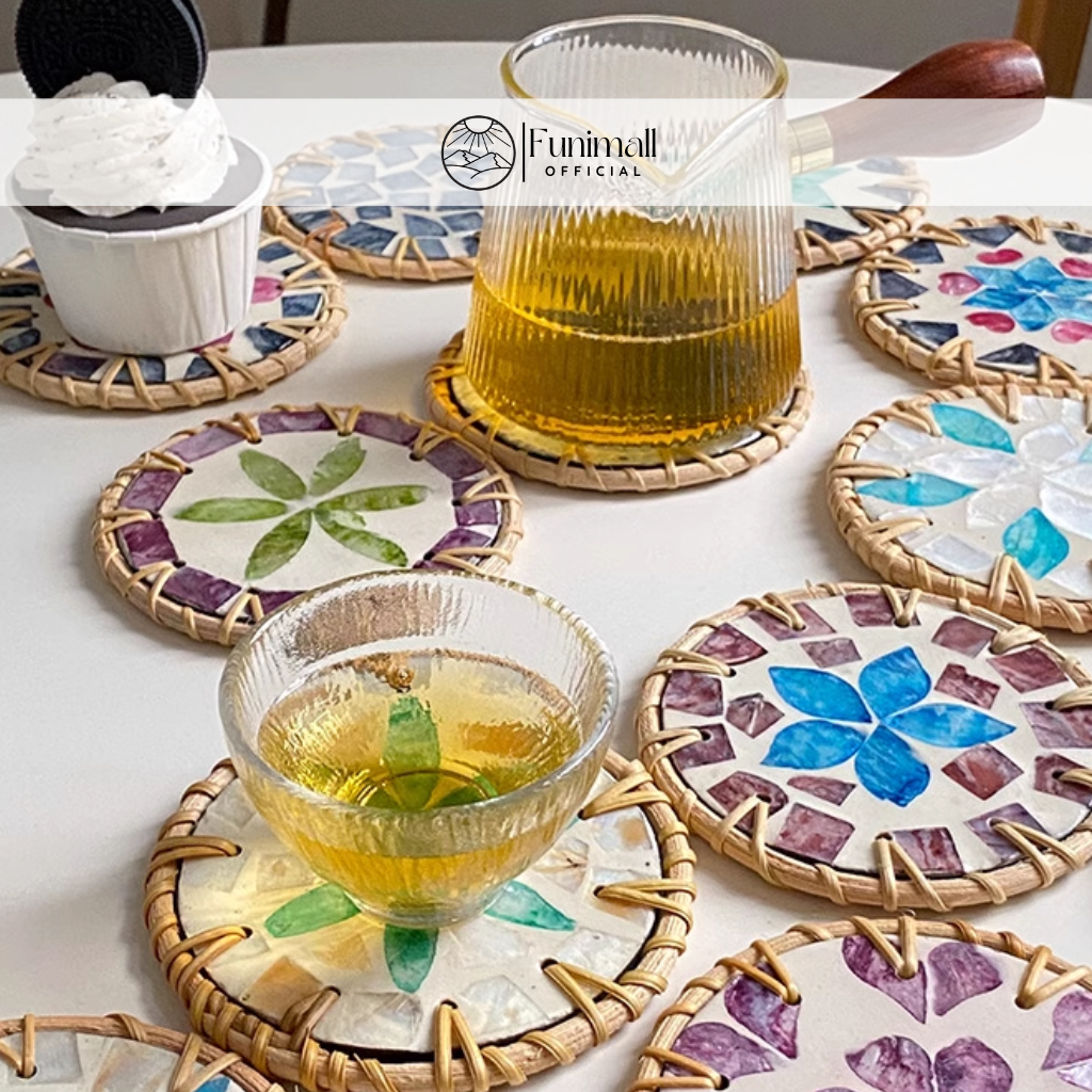 Lót ly khảm trai tròn Funimall viền mây 10cm dùng để decor, trang trí