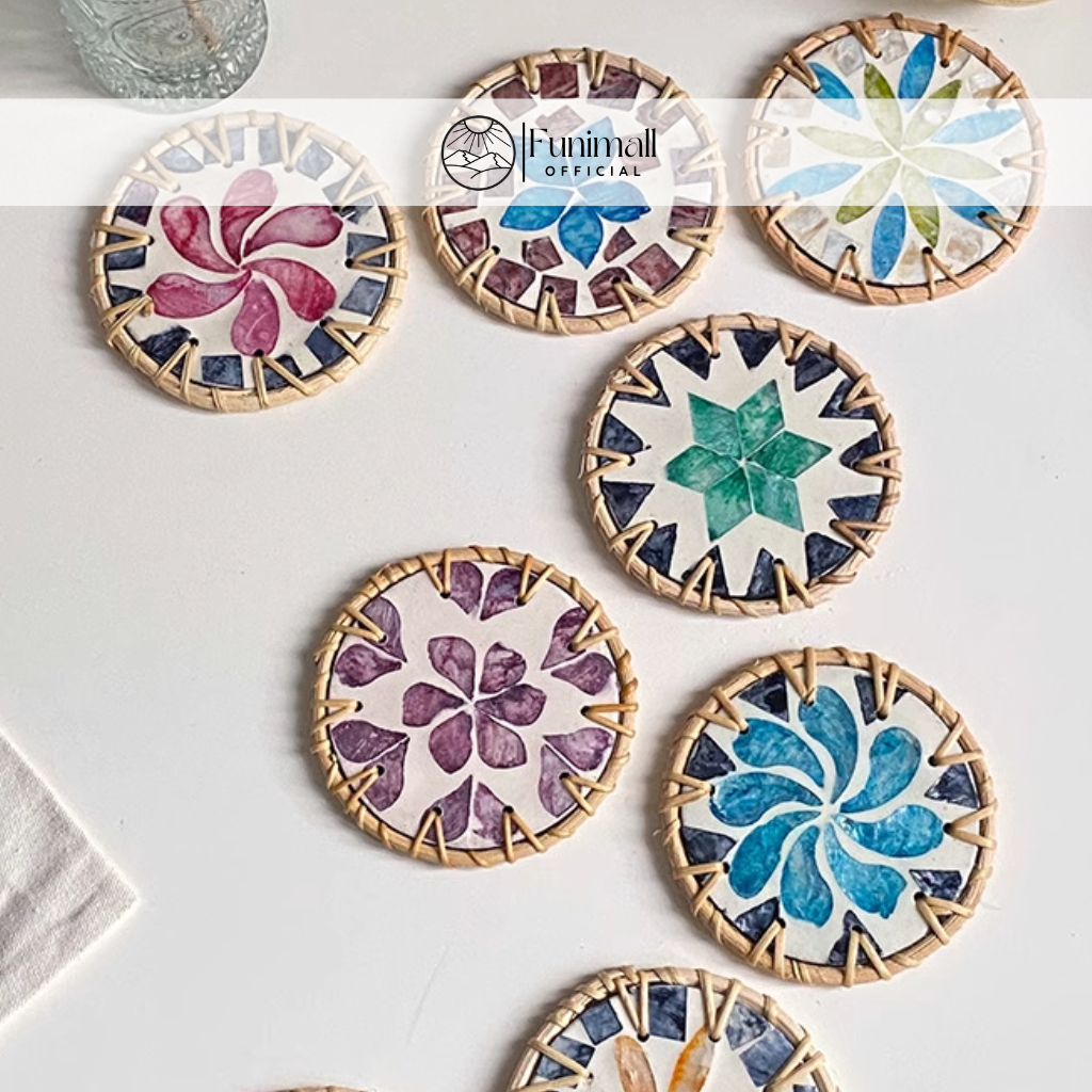 Lót ly khảm trai tròn Funimall viền mây 10cm dùng để decor, trang trí