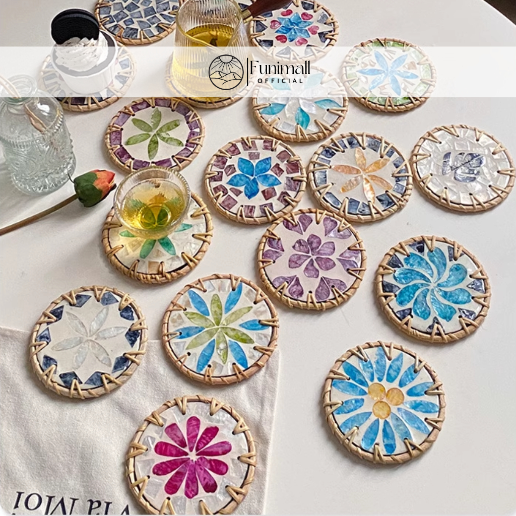 Lót ly khảm trai tròn Funimall viền mây 10cm dùng để decor, trang trí