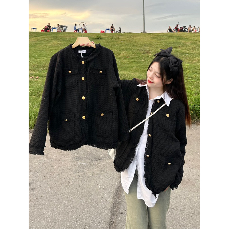 Áo Dạ Tweed Tua Gấu 2 Lớp Có Đệm Vai