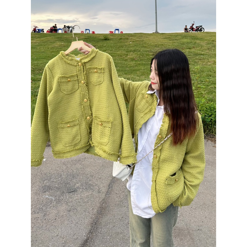 Áo Dạ Tweed Tua Gấu 2 Lớp Có Đệm Vai