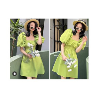 đầm kiểu viền bèo vai tay phồng bo chun eo màu xanh bơ ( thời trang bigsize vicky.g anitagreen) N923