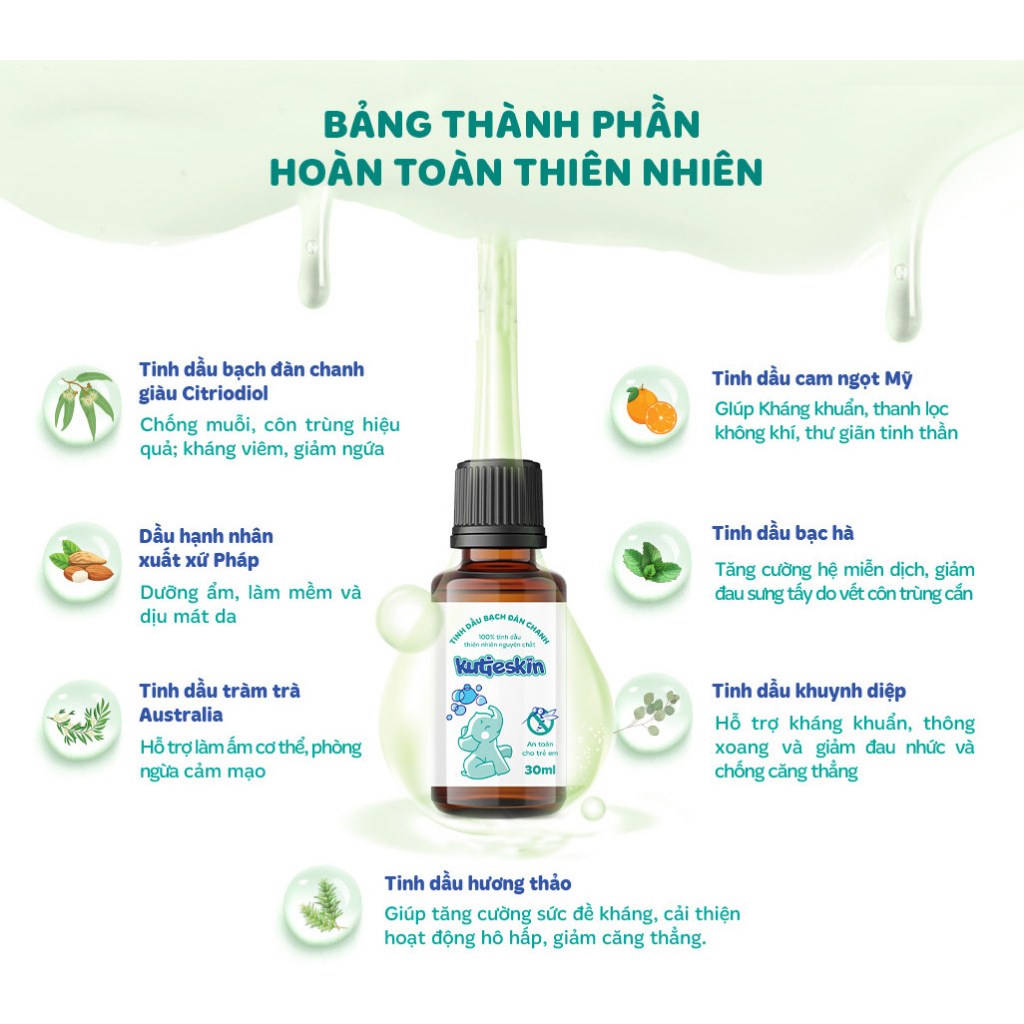 Tinh Dầu Bạch Đàn Chanh Tự Nhiên Kutieskin 30ml Giúp Đuổi Muỗi, Côn Trùng, Nhanh Dịu, Lành Vết Đốt ( Chai 30ml & 5ml )