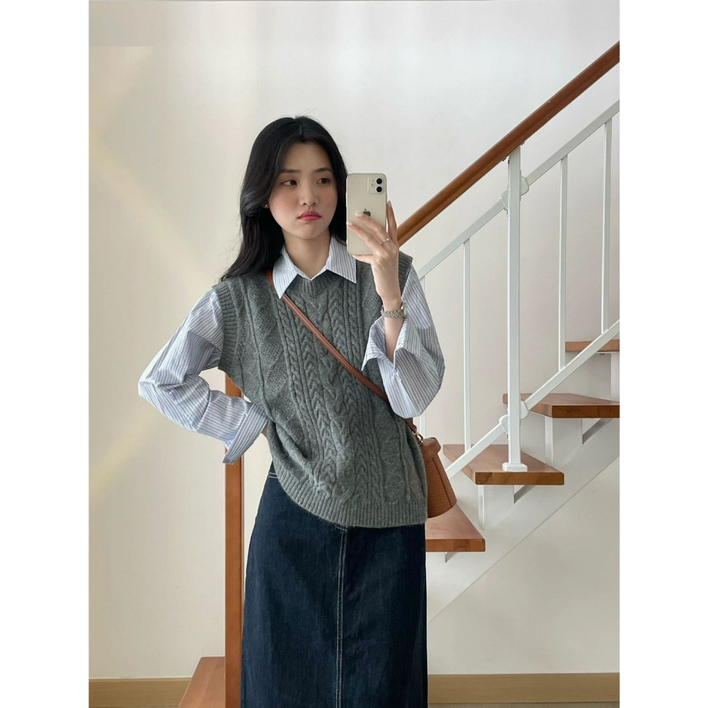 Áo gile nữ, set bộ đồ nữ, áo gile nữ, áo sơ mi và chân váy dáng dài thanh lịch phù hợp đi làm, đi chơi