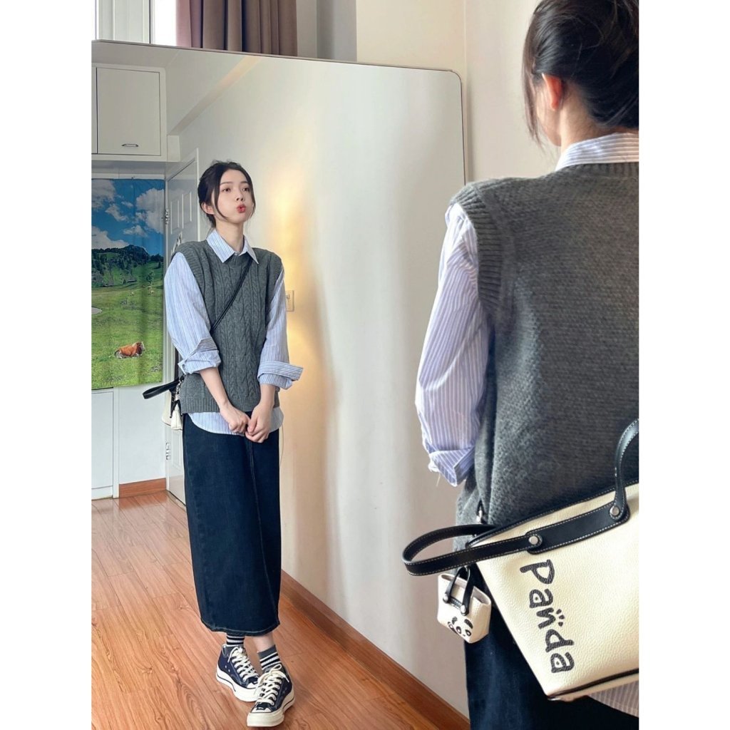 Áo gile nữ, set bộ đồ nữ, áo gile nữ, áo sơ mi và chân váy dáng dài thanh lịch phù hợp đi làm, đi chơi