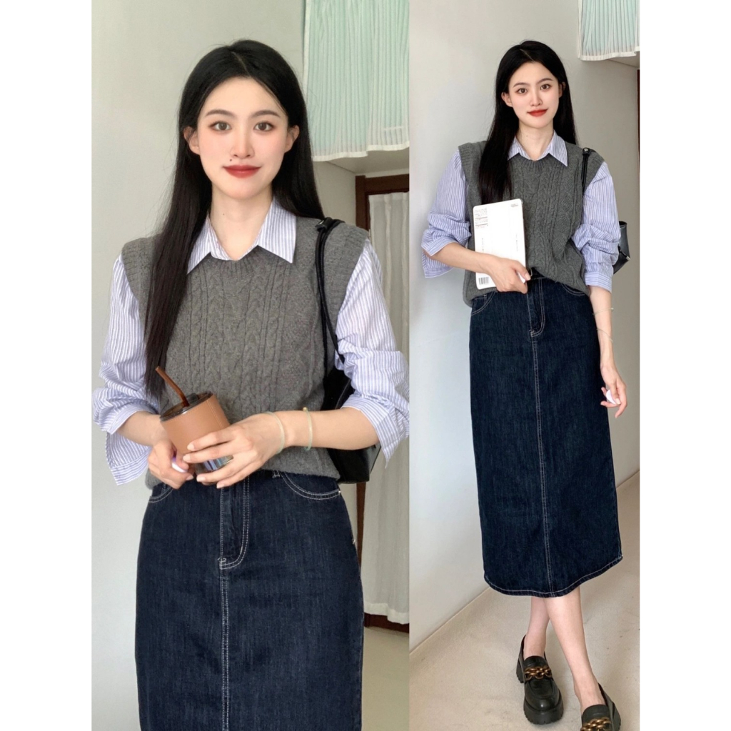 Áo gile nữ, set bộ đồ nữ, áo gile nữ, áo sơ mi và chân váy dáng dài thanh lịch phù hợp đi làm, đi chơi