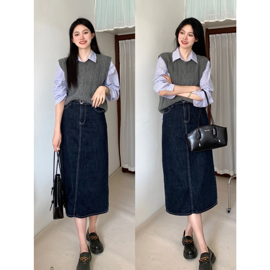 Áo gile nữ, set bộ đồ nữ, áo gile nữ, áo sơ mi và chân váy dáng dài thanh lịch phù hợp đi làm, đi chơi