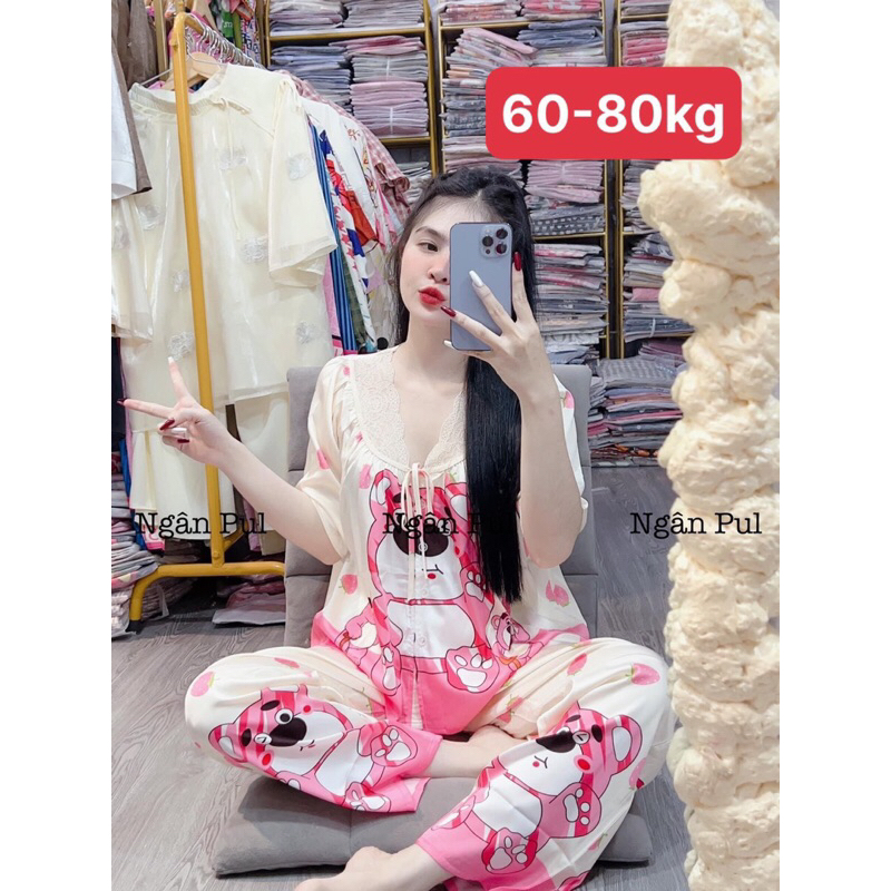 Đồ bộ cộc dài cổ ren bigsize,đồ bộ lụa Xước nữ mặc nhà