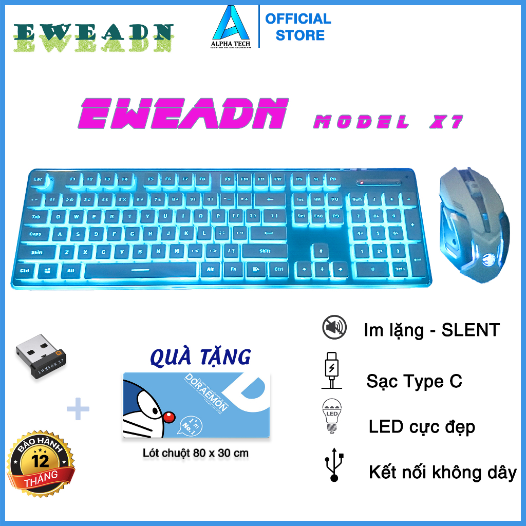 Bàn phím bluetooth EWEADN- X7 im lặng - silent - có sạc Typh C ( đi kèm chuột bluetooth )