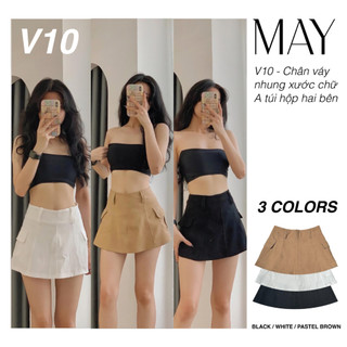 V10 - Chân váy ngắn nhung xước chữ A túi hộp hai bên - Đen / Trắng / Nâu Nhạt