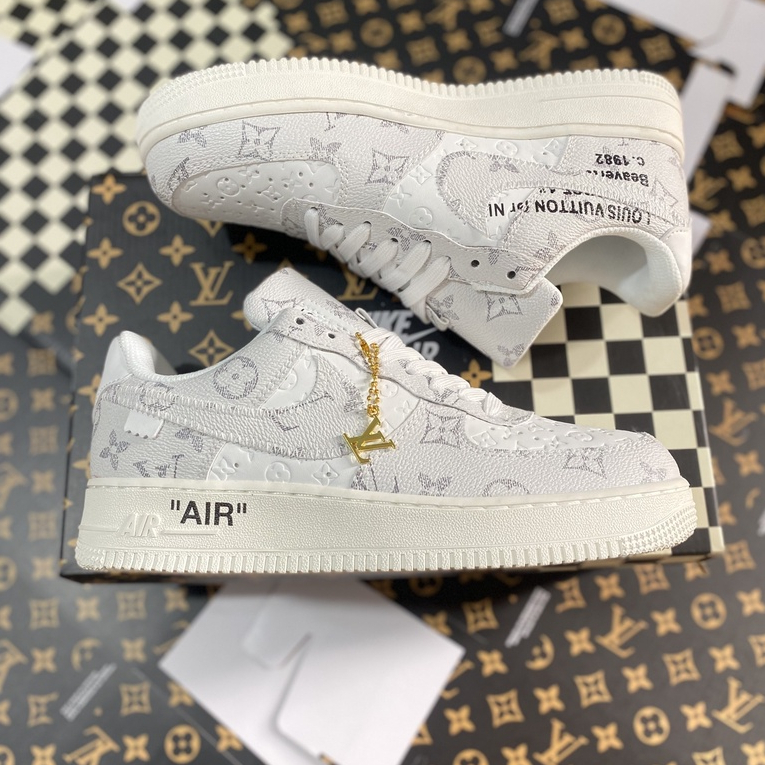 Giày thể thao AF1 LV Trắng Xám Đen, giầy sneaker air force 1 trắng in họa tiết luis nam nữ hót trend 2022 hàng FullBox