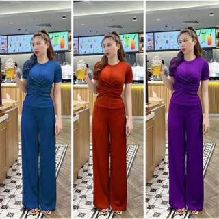 Sét bộ thun gân áo ôm quần ống rộng sang chảnh - xoắn bụng
