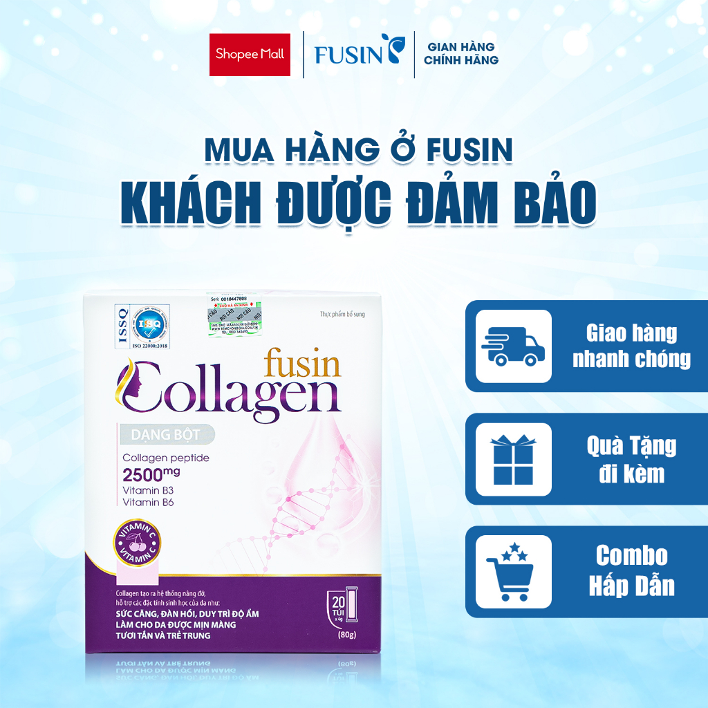 Bột uống Fusin Collagen hộp 20 gói giúp dưỡng da, tăng độ ẩm đàn hồi cho da