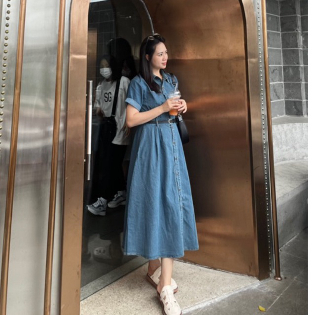 SẴN🍃 VÁY DENIM MAXI XOÈ POLO TẶNG ĐAI ẢNH THẬT