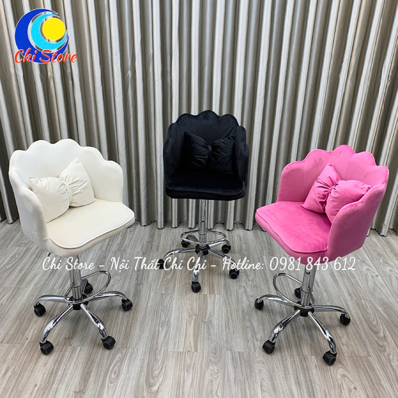 Ghế Xoay Tiểu Thư Vương Miện Sen Nỉ Nhung Ngồi Quầy Bar Pha Chế Chụp Ảnh Studio Sang Chảnh Nâng Hạ 65/85cm Xoay 360 Độ