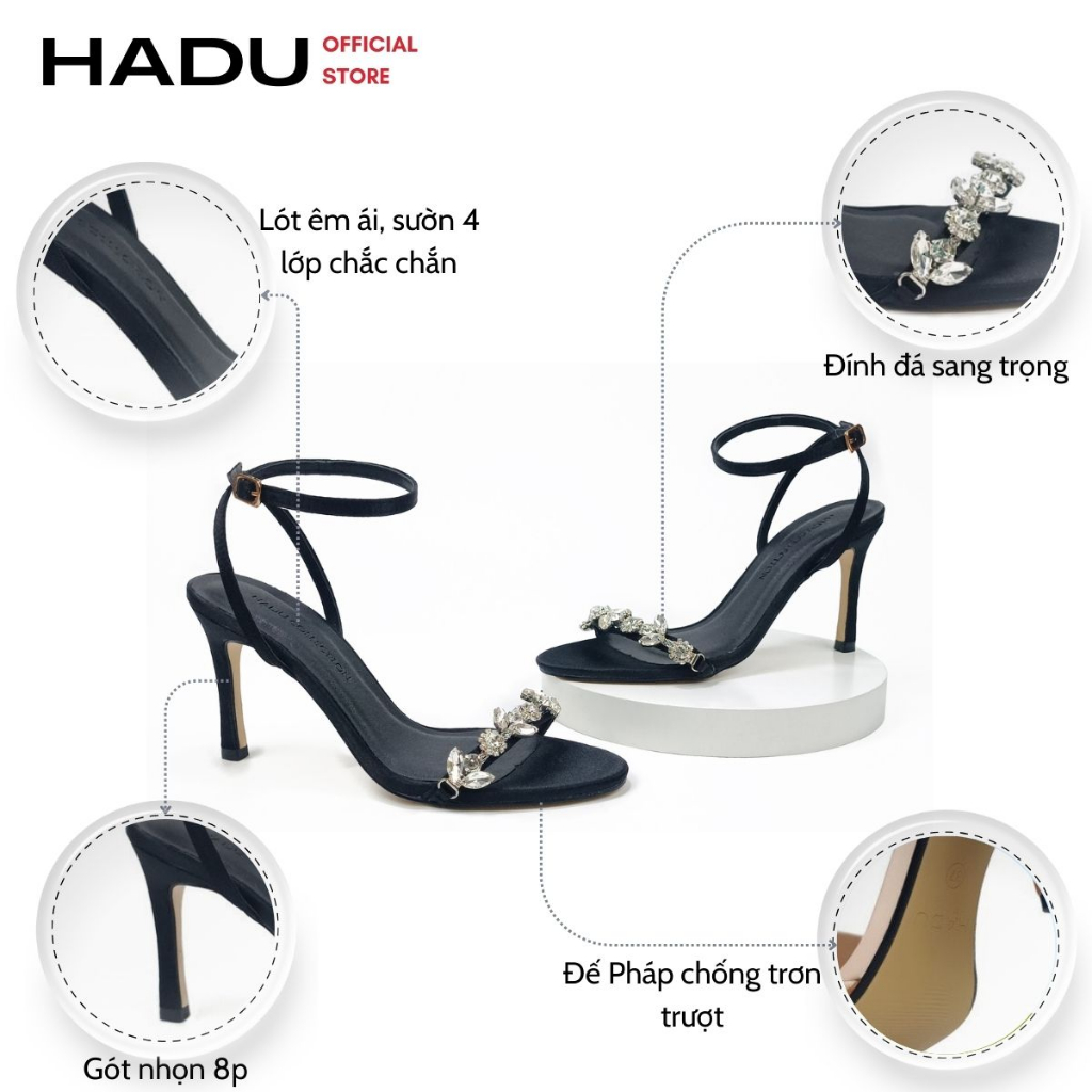 Giày Sandal Cao Gót Quai Đính Đá 7P BUD_CHARM HADU M792, Lụa Satin Cao Cấp, BH 24T