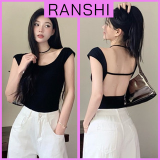 Áo Bodysuit Tay Ngắn SẴN MÚT RANSHI Thiết Kế Hở Lưng Quyến Rũ Áo Liền Thân Cổ Tròn Phối Dây Ngang Lưng Cá Tính - RBS027
