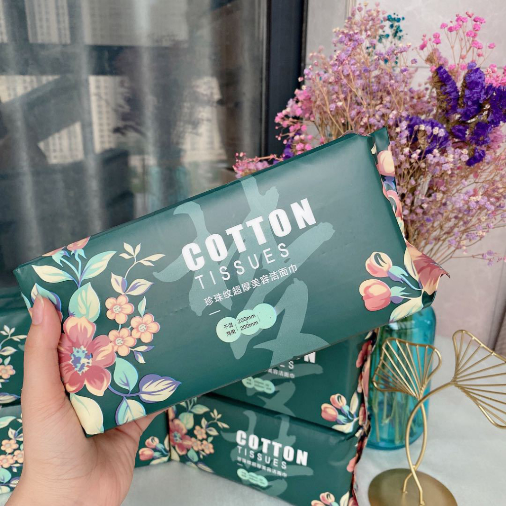 Khăn mặt khô Cotton Tissues dùng lau khô, lau ướt - Khăn họa tiết ngọc trai dùng một lần, gói 50 tờ loại dày 200x200mm