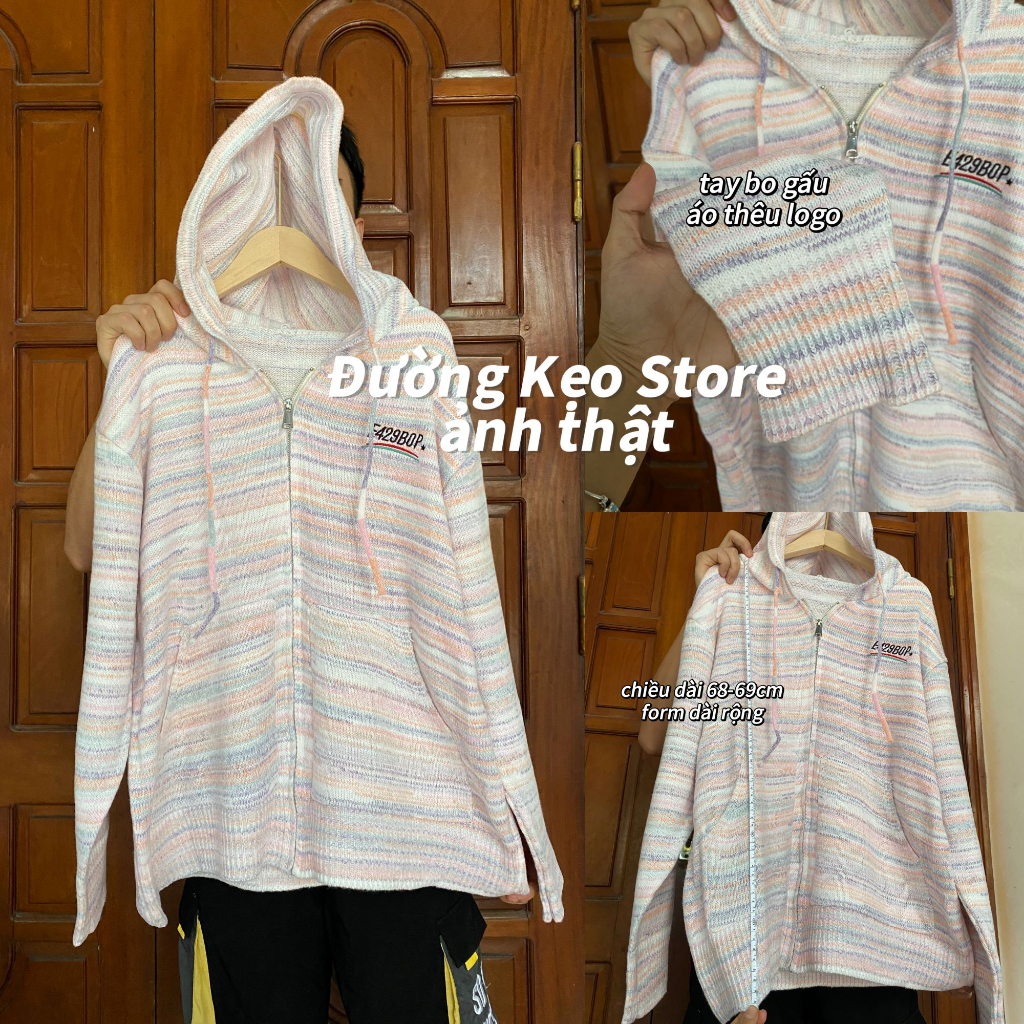 Áo len cardigan hoodie có mũ khoá kéo sọc ngang nhiều màu tươi thêu logo hiphop thu đông đường phố