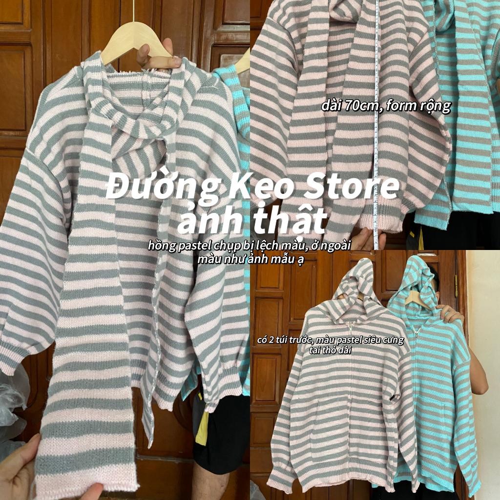 Áo khoác len cardigan mũ thỏ tai dài sọc ngang nhỏ có hoodie mũ khóa kéo len dày dặn oversize ngọt ngào