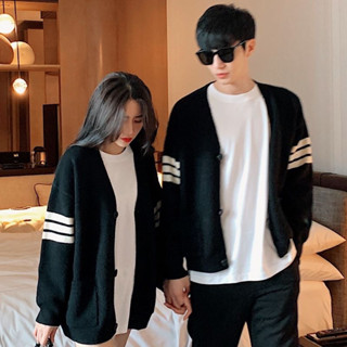 Áo khoác ngoài cardigan len Thom kẻ 3 sọc chuẩn Hàn Quốc, form unisex cho cả nam và nữ