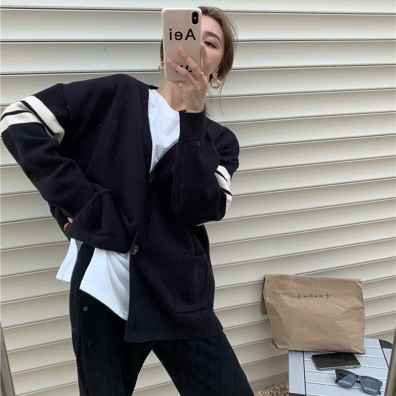 Áo khoác ngoài cardigan len Thom kẻ 3 sọc chuẩn Hàn Quốc, form unisex cho cả nam và nữ