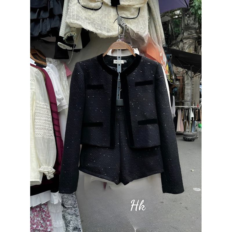 Set áo dạ sweet đính kim sa, Kèm quần ngắn sang chảnh hách dáng xỉu