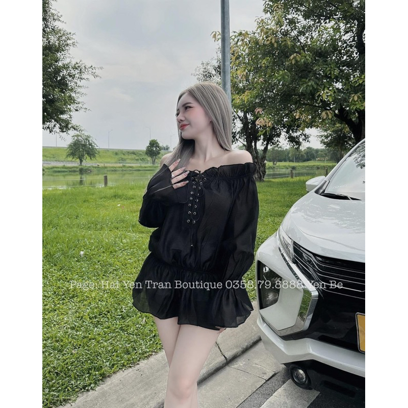 Áo tơ trễ vai 2 lớp dáng dài phối ngực đan dây