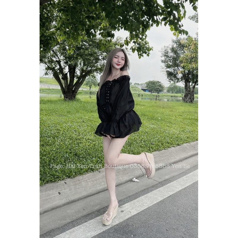 Áo tơ trễ vai 2 lớp dáng dài phối ngực đan dây