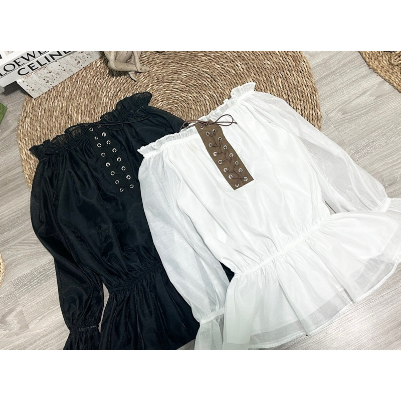 Áo tơ trễ vai 2 lớp dáng dài phối ngực đan dây