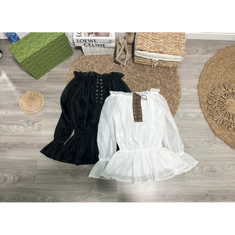 Áo tơ trễ vai 2 lớp dáng dài phối ngực đan dây